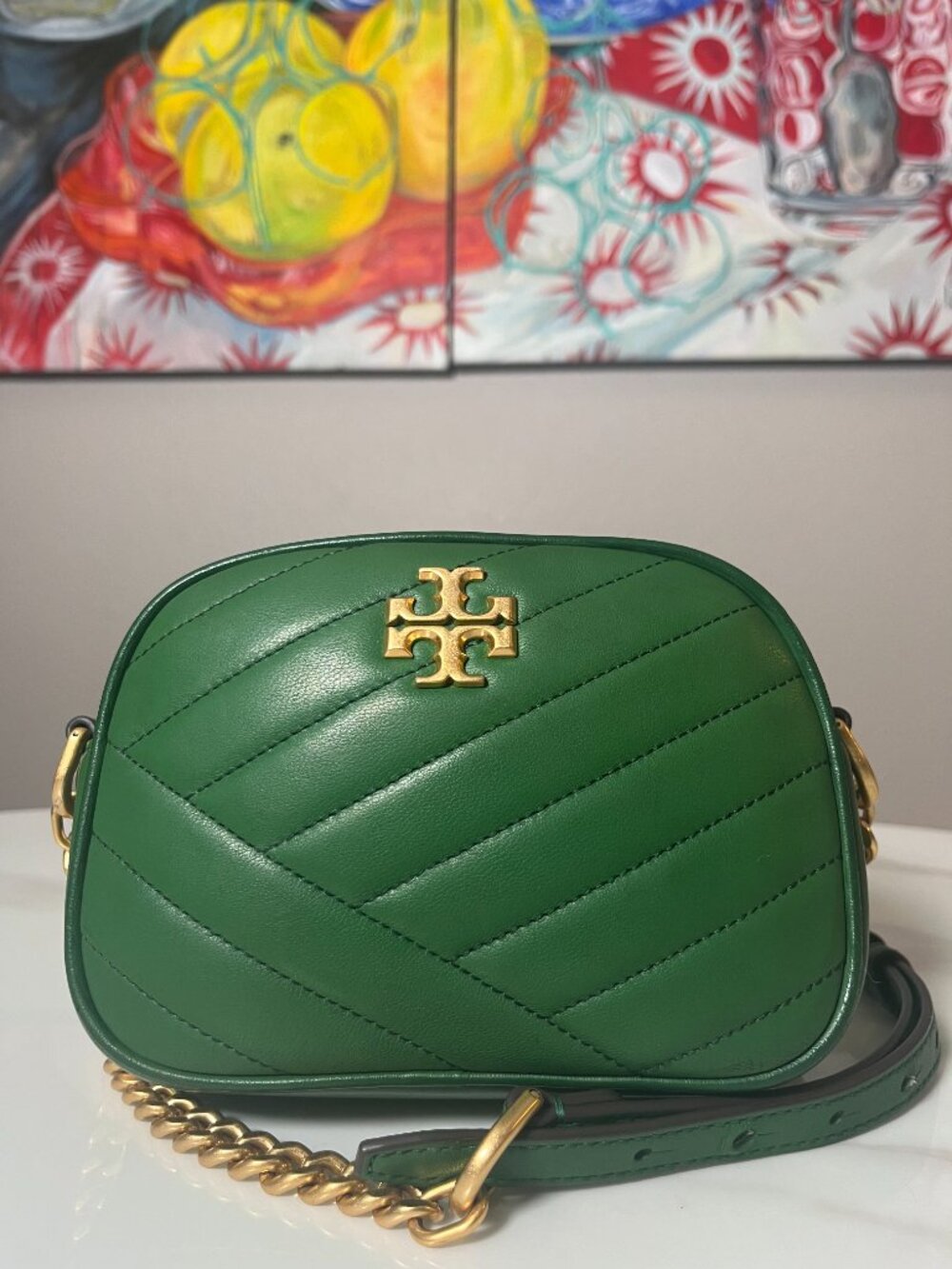 Tory Burch Kira Chevron Emerald Green Camera Bag Chain Crossbody